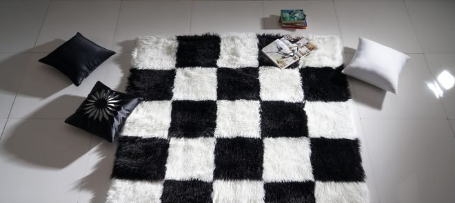 White & Black Checks Fur Rug